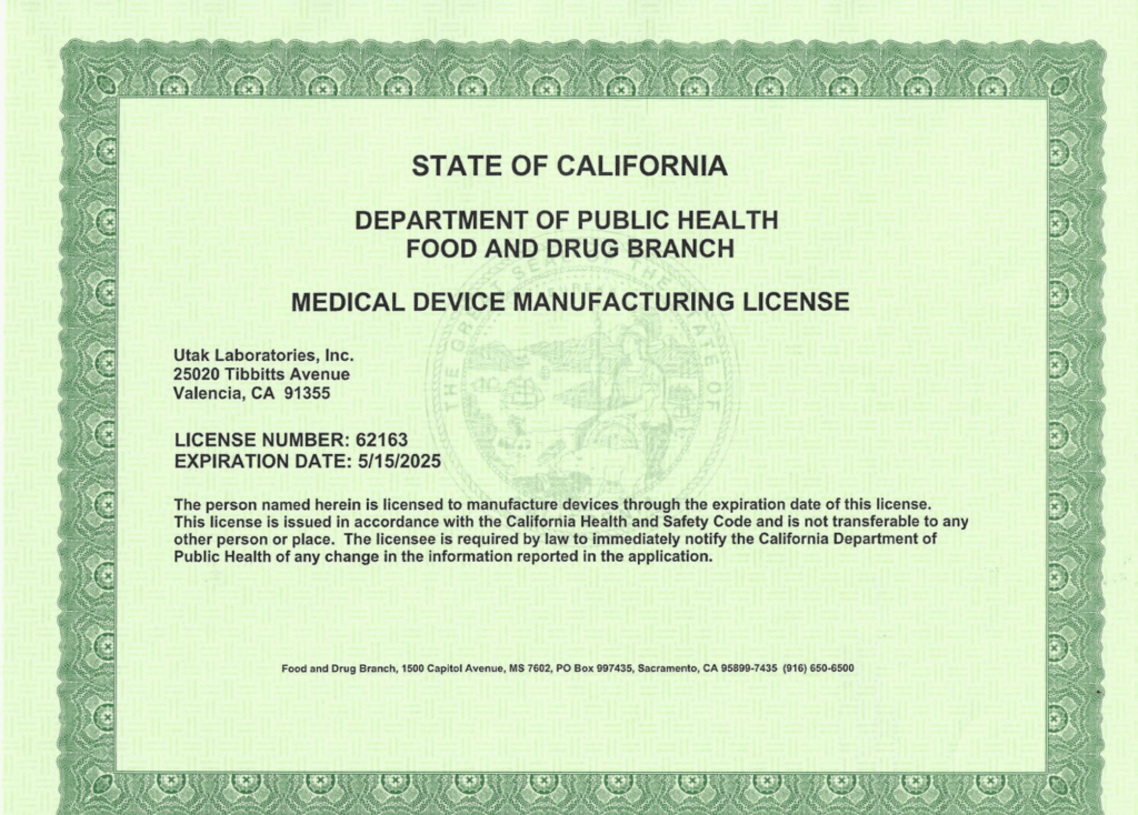 State of California, Food and Drug Branch; Device Manufacturing License