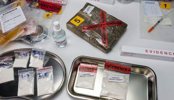 Fentanyl and other controlled substances in evidence bags for laboratory analysis