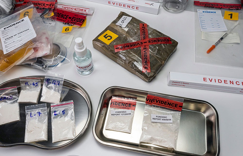 Fentanyl and other controlled substances in evidence bags for laboratory analysis